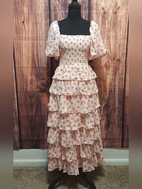 Francesca's Collections Pink Floral Smocked Tiered Maxi Dress Size Small